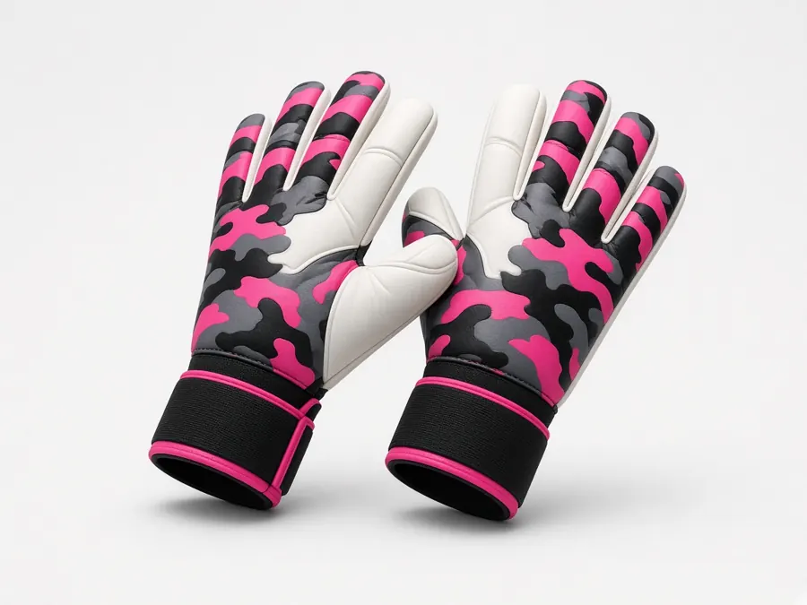 Mutiny concept: pink, black and gray camo goalkeeper gloves with a white palm.