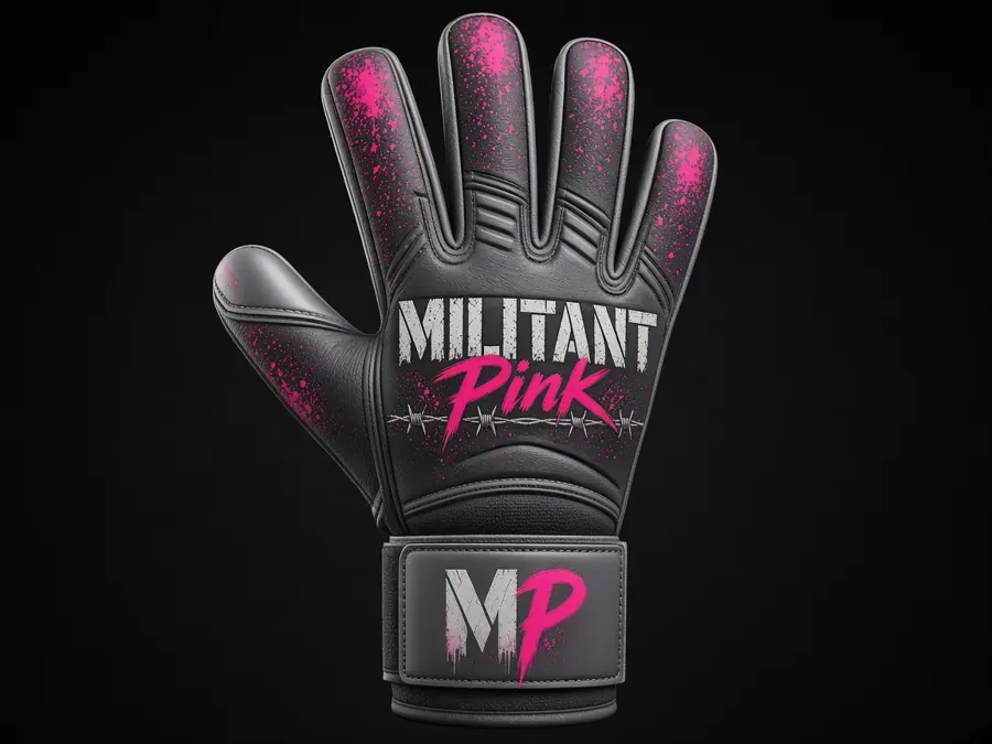 Preview of a black Militant Pink glove with pink splatter, light steel gray accents, the wordmark and the MP icon on the strap.