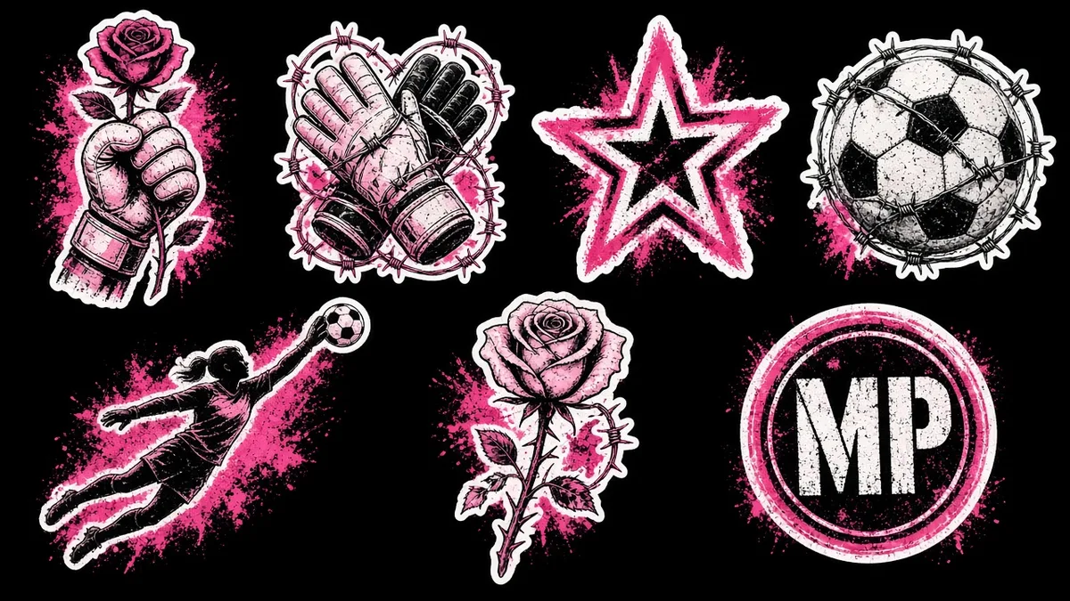 Militant Pink punk sticker sheet: a gloved fist with a rose, crossed gloves in barbed wire, a stencil star, a ball in barbed wire, a diving keeper, a rose and the MP stamp.